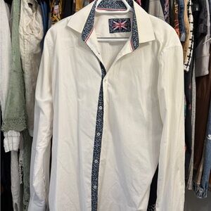Men's White Dress Shirt with Navy Contrast Trim